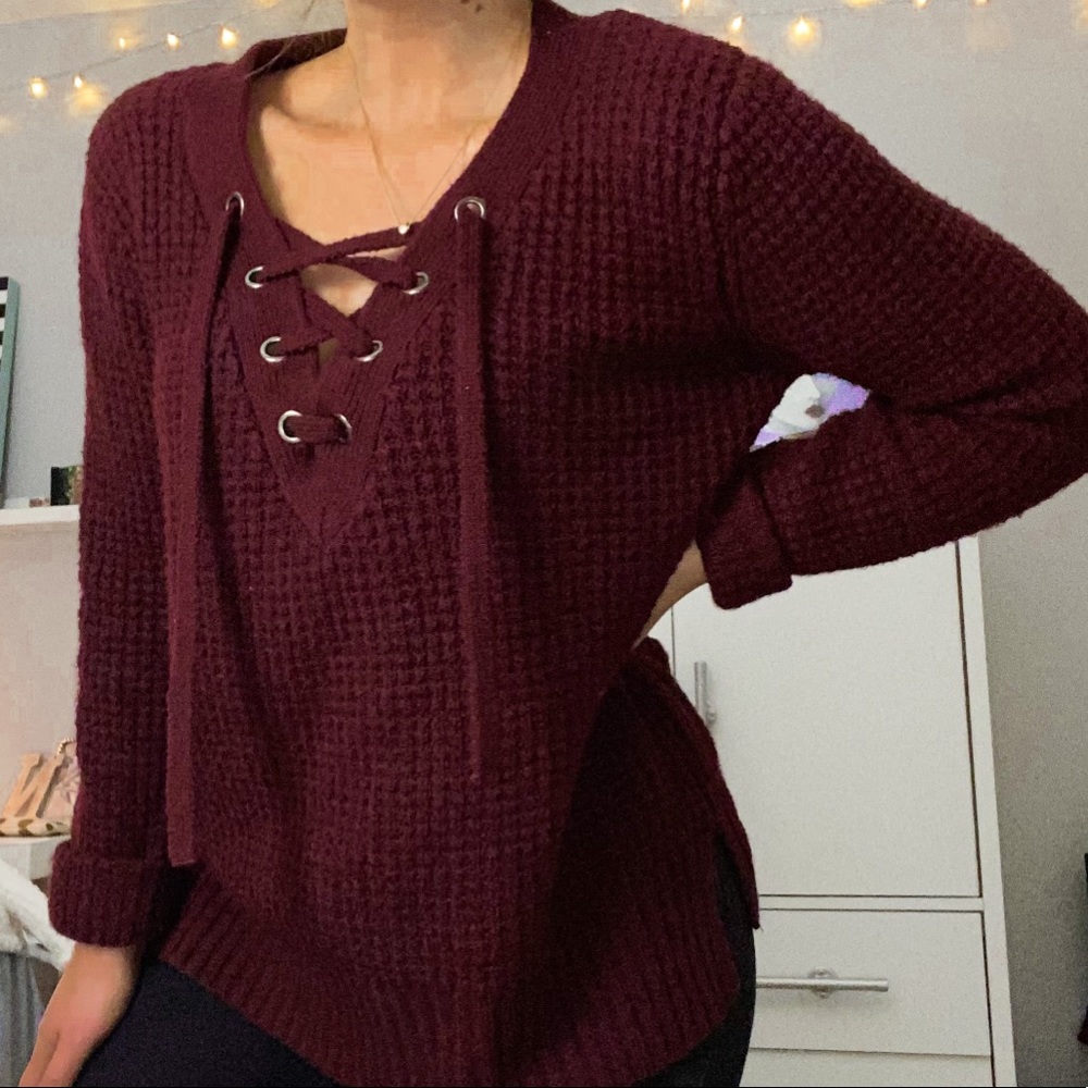 NWOT Burgundy Lace up Sweater
